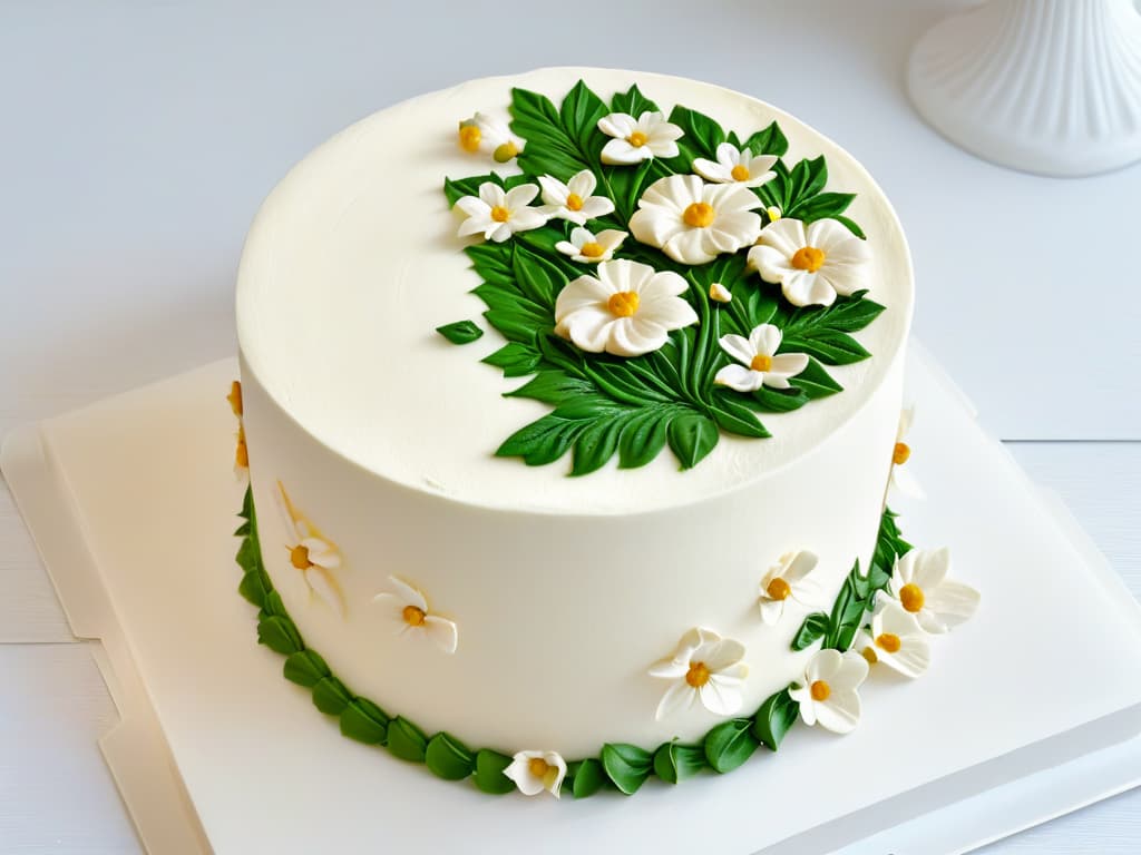  A closeup, ultradetailed image of a perfectly smooth, white fondant cake with intricate, delicate fondant decorations on top. The decorations feature tiny flowers, leaves, and swirls, showcasing the artistry and precision of working with fondant. The image captures the flawless finish and professional craftsmanship, highlighting the elegance and beauty of glutenfree fondant creations. hyperrealistic, full body, detailed clothing, highly detailed, cinematic lighting, stunningly beautiful, intricate, sharp focus, f/1. 8, 85mm, (centered image composition), (professionally color graded), ((bright soft diffused light)), volumetric fog, trending on instagram, trending on tumblr, HDR 4K, 8K