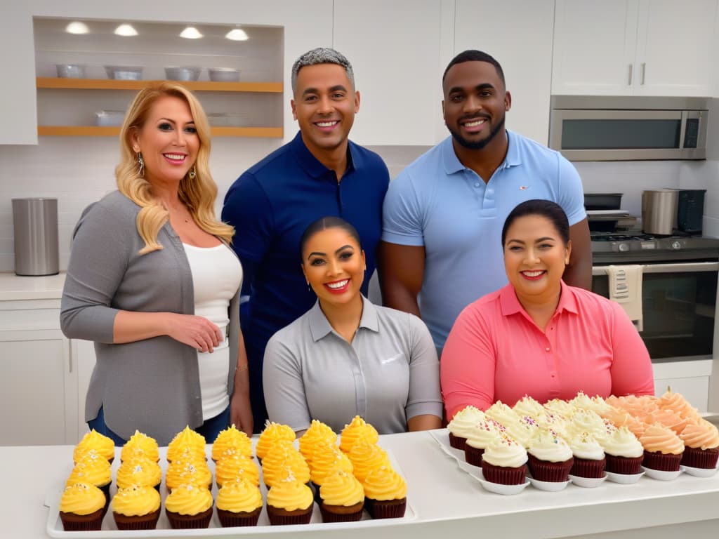  A group of diverse individuals of different ages and backgrounds smiling and working together in a brightly lit kitchen, decorating colorful cupcakes with various frosting and sprinkles. Each person is engaged in the activity, showcasing teamwork and inclusion in a warm and welcoming environment. The kitchen is equipped with adaptive tools and features to accommodate different needs, emphasizing accessibility and empowerment through baking. hyperrealistic, full body, detailed clothing, highly detailed, cinematic lighting, stunningly beautiful, intricate, sharp focus, f/1. 8, 85mm, (centered image composition), (professionally color graded), ((bright soft diffused light)), volumetric fog, trending on instagram, trending on tumblr, HDR 4K, 8K