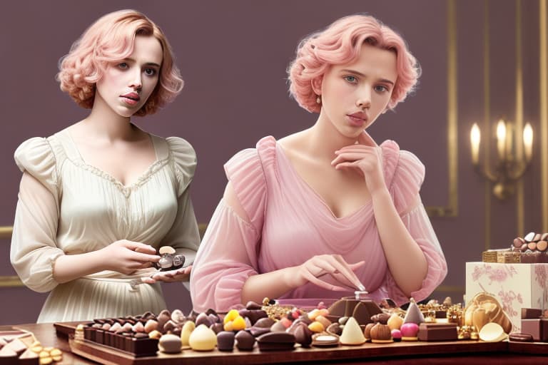  Attractive happy Scarlett Johansson (transparent light colored loose fitting dress)(no brazier)(pink cheeks)(Baroque lighting)(Superrealism)(painted in the style of Édouard Manet)(Foreground: open box of fine dark chocolates on a small serving table)