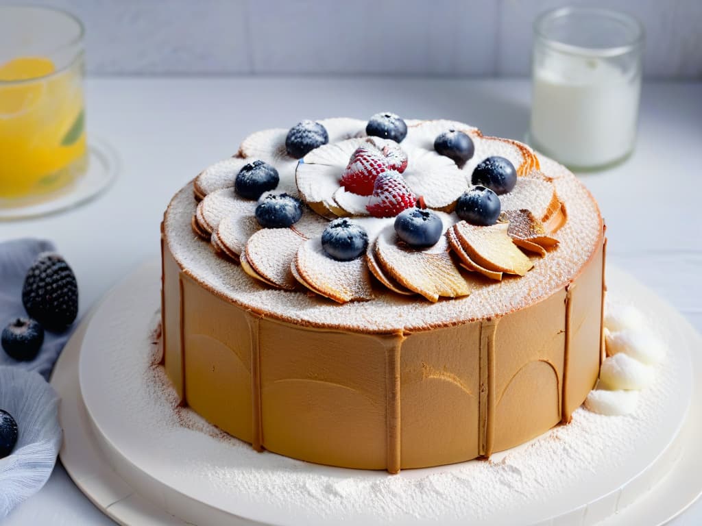  An image of a perfectly goldenbrown glutenfree cake, freshly baked and cooling on a wire rack, with a light dusting of powdered sugar on top. The cake is surrounded by fresh berries, adding a pop of color to the scene. The background is a clean, white marble countertop, creating a sleek and minimalistic aesthetic that highlights the beauty of the glutenfree dessert. hyperrealistic, full body, detailed clothing, highly detailed, cinematic lighting, stunningly beautiful, intricate, sharp focus, f/1. 8, 85mm, (centered image composition), (professionally color graded), ((bright soft diffused light)), volumetric fog, trending on instagram, trending on tumblr, HDR 4K, 8K