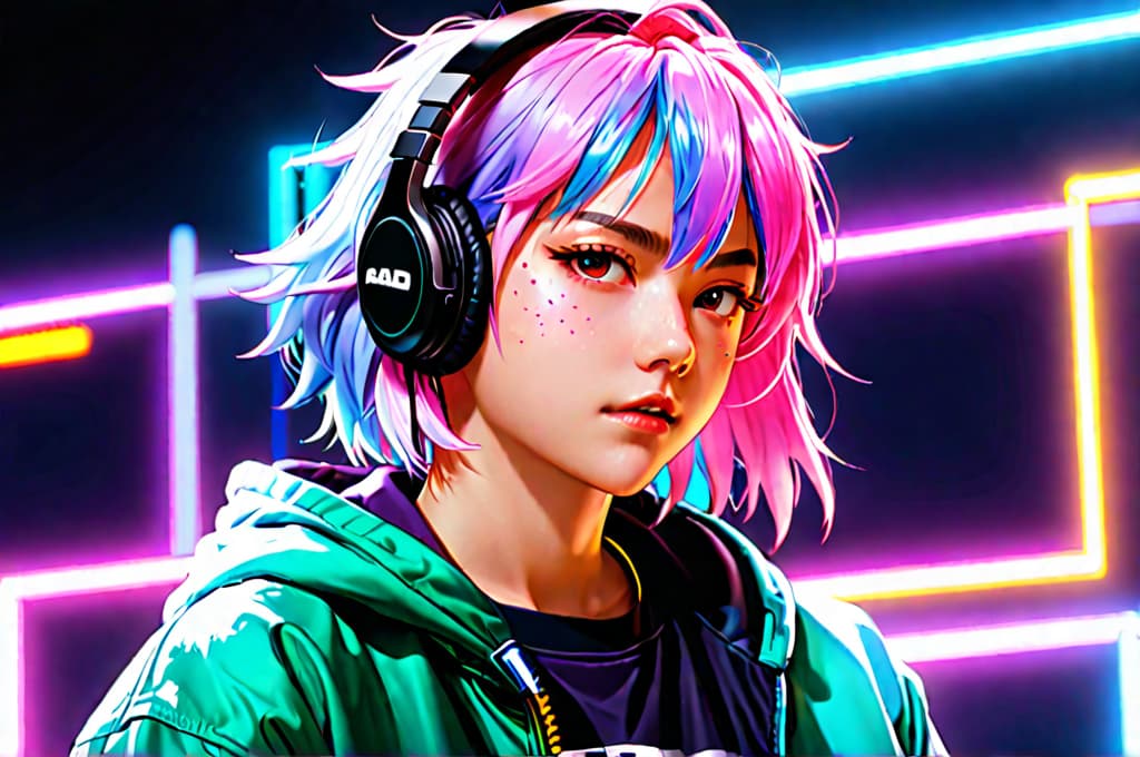  anime artwork vaporwave style neonpunk, cyberspace dj club, augmented reality street artist, wearing a holo hoodie, from the sides and on the side, headphones, short neon undercut hair, neon rim lighting, <lora:sdxl lightning 8step lora:1.0> <lora:3D Paint SDXL:0.8> mad thrdpnt, paint splashes, colorful . retro aesthetic, cyberpunk, vibrant, neon colors, vintage 80s and 90s style, highly detailed, . anime style, key visual, vibrant, studio anime, highly detailed
