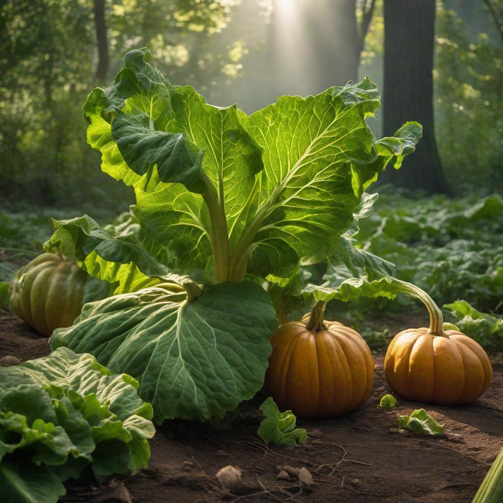  HIGH CLOSE UP. GIANT GREEN RHUBARB LEAVES GROWING FROM THE GROUND. THERE IS A HUGE PUMPKIN BETWEEN THEM. A PAINTER ARTIST IN THE FRONT. SHARP SUNNY LIGHT. BROKEN STOOL, realistic, portrait, art by donato giancola and greg rutkowski, realistic face, digital art, trending on artstation hyperrealistic, full body, detailed clothing, highly detailed, cinematic lighting, stunningly beautiful, intricate, sharp focus, f/1. 8, 85mm, (centered image composition), (professionally color graded), ((bright soft diffused light)), volumetric fog, trending on instagram, trending on tumblr, HDR 4K, 8K