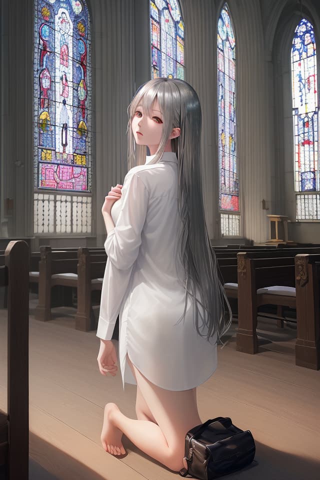  (後ろ姿)(Young woman with long silver hair)(in simple shirt dress)(back view)(praying in church)(kneeling back view)(inside church)Masterpiece,high quality,8K