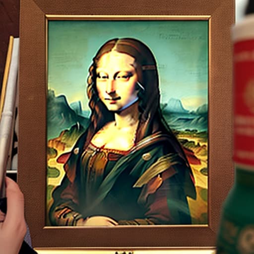  quiero que me hagas una foto de davinchi pintando la monalisa ，