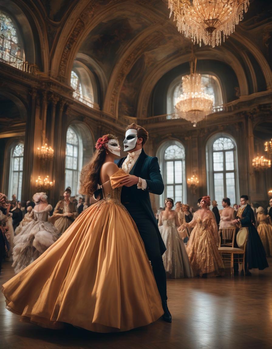  A man and a woman in masquerade masks are dancing at a ball, in Baroque outfits. In a huge hall with high ceilings. The surprised audience applauds them. Focus on the clarity of the faces hyperrealistic, full body, detailed clothing, highly detailed, cinematic lighting, stunningly beautiful, intricate, sharp focus, f/1. 8, 85mm, (centered image composition), (professionally color graded), ((bright soft diffused light)), volumetric fog, trending on instagram, trending on tumblr, HDR 4K, 8K