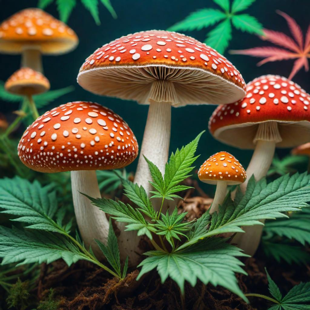  a trippy mushroom alongside a cannabis leaf, colorful and psychedelic aesthetic, with swirling patterns and vivid colors hyperrealistic, full body, detailed clothing, highly detailed, cinematic lighting, stunningly beautiful, intricate, sharp focus, f/1. 8, 85mm, (centered image composition), (professionally color graded), ((bright soft diffused light)), volumetric fog, trending on instagram, trending on tumblr, HDR 4K, 8K