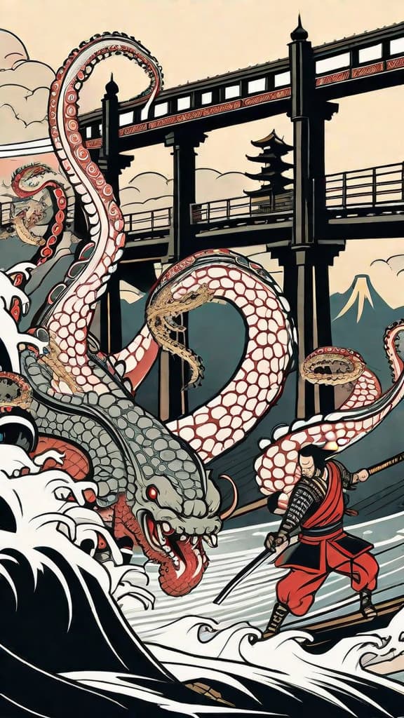  masterpiece, best quality, Japanese style tattoo 2 samurai are fighting a giant octopus on a traditional Japanese bridge. They are both wearing full armor and holding katanas. They are fighting a giant octopus. The octopus is under the bridge and its tentacles are attacking the samurai. A town is burning in the background.