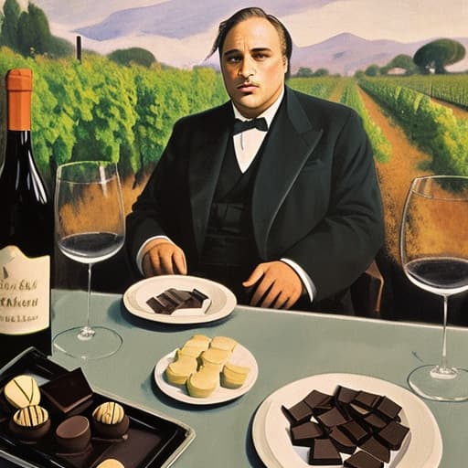  Marlon Brando the godfather, Don Vito in Italy and a vineyard dressed in modern designer attire. Foreground plates of fine dark chocolates on a table. Background vineyard Painting style of Edgar Degas