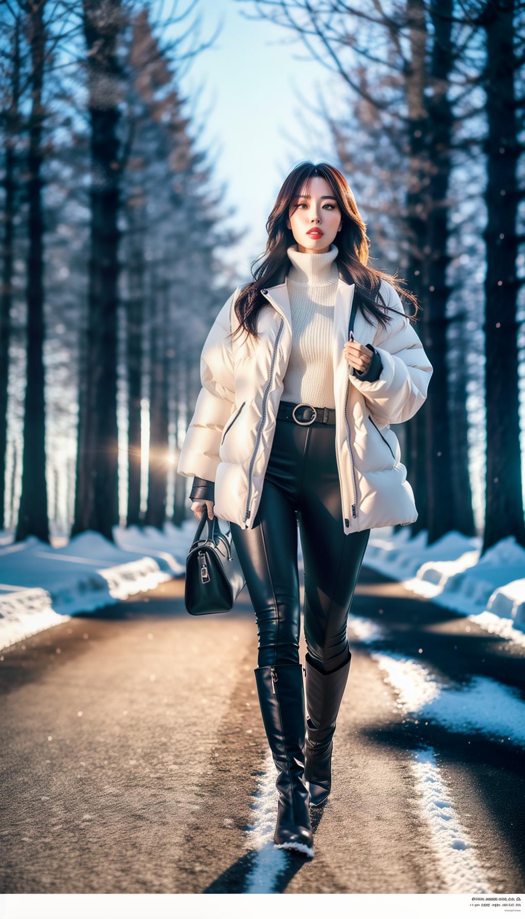  A realistic photo of a beautiful slim young Japanese woman, with medium long brown hair, walking in the winter park. She is wearing a white puff jacket. The area is entirely covered with snow and the sky is clear blue. hyperrealistic, full body, detailed clothing, highly detailed, cinematic lighting, stunningly beautiful, intricate, sharp focus, f/1. 8, 85mm, (centered image composition), (professionally color graded), ((bright soft diffused light)), volumetric fog, trending on instagram, trending on tumblr, HDR 4K, 8K