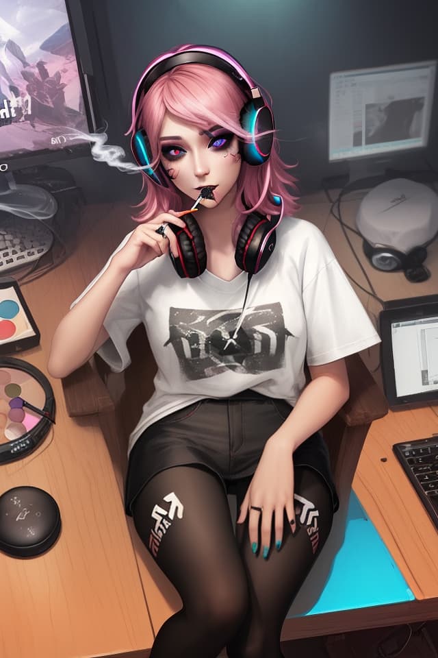  Gaming , headphones, color tights, teak, mine based makeup, smoking, big s, smoking, rock T shirts