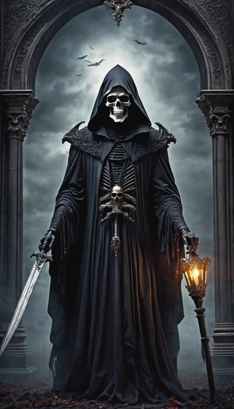  gothic style depiction of a grim reaper. Dark, mysterious, scary, haunting, dramatic, ornate, detailed. . dark, mysterious, haunting, dramatic, ornate, detailed, hyperrealistic, full body, detailed clothing, highly detailed, cinematic lighting, stunningly beautiful, intricate, sharp focus, f/1. 8, 85mm, (centered image composition), (professionally color graded), ((bright soft diffused light)), volumetric fog, trending on instagram, trending on tumblr, HDR 4K, 8K