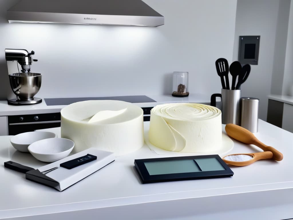  A minimalistic image of a pristine white marble kitchen countertop, immaculately organized with an array of professional baking tools such as piping bags, pastry tips, offset spatulas, and precision scales. The tools are elegantly arranged in a symmetrical pattern, catching the light to showcase their sleek and polished surfaces. The image exudes a sense of precision, expertise, and preparation, perfect for setting the tone of getting ready for a baking competition. hyperrealistic, full body, detailed clothing, highly detailed, cinematic lighting, stunningly beautiful, intricate, sharp focus, f/1. 8, 85mm, (centered image composition), (professionally color graded), ((bright soft diffused light)), volumetric fog, trending on instagram, trending on tumblr, HDR 4K, 8K