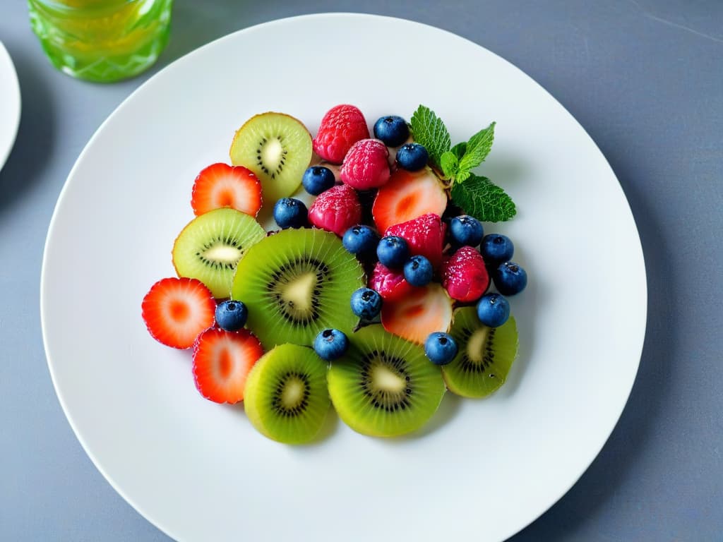  A highresolution image of a beautifully arranged fruit platter with assorted colorful berries, sliced kiwi, and mint leaves garnish on a sleek white plate, set against a clean, minimalist background. hyperrealistic, full body, detailed clothing, highly detailed, cinematic lighting, stunningly beautiful, intricate, sharp focus, f/1. 8, 85mm, (centered image composition), (professionally color graded), ((bright soft diffused light)), volumetric fog, trending on instagram, trending on tumblr, HDR 4K, 8K