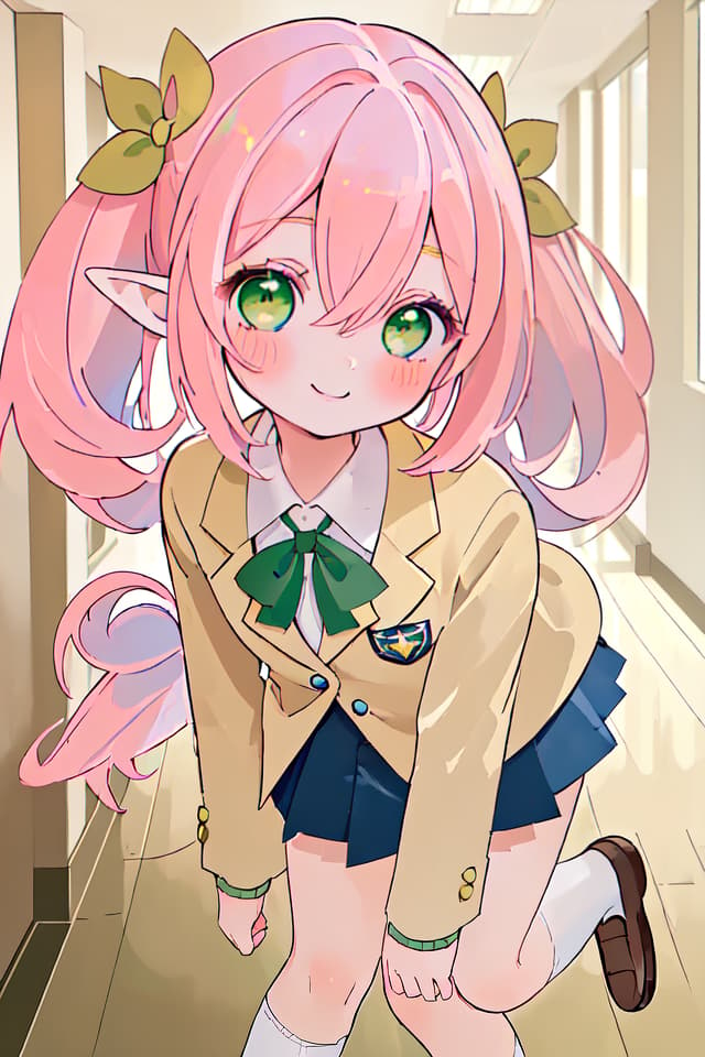  (Best masterpiece: 1.5),(Highest image quality),(Super detail),(Super precision),(Super beautiful CG),(8K),1girl,elf,solo,looking at viewer,blush,bangs,yellow green eyes,hair between eyes,Smile,pink hair,twin tail hair,close up,Women's uniform blazer,navy high socks,loafers ladies,school hallway,