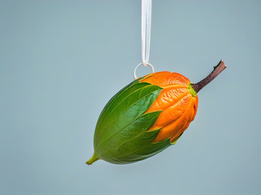  An ultradetailed, minimalistic image of a single cacao pod suspended against a stark white background. The pod is intricately detailed, showcasing its rough texture and vibrant hues of green and orange. Light reflects off the pod, emphasizing its natural beauty and inviting viewers to appreciate the origin of this essential sustainable ingredient. hyperrealistic, full body, detailed clothing, highly detailed, cinematic lighting, stunningly beautiful, intricate, sharp focus, f/1. 8, 85mm, (centered image composition), (professionally color graded), ((bright soft diffused light)), volumetric fog, trending on instagram, trending on tumblr, HDR 4K, 8K