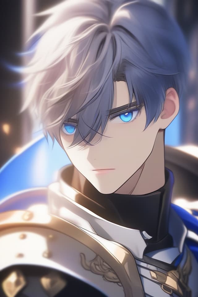  (Close up the upper body) (Illustration for one male), (all back hair) Masterpiece, Holy Knight, Handsome, Good Looking, Blue Eye Color, (TWO BLOCK) e cropped) (All Back Haircut)} (Expressionless) Wearing White Knight's Outfit, High Quality, 8k