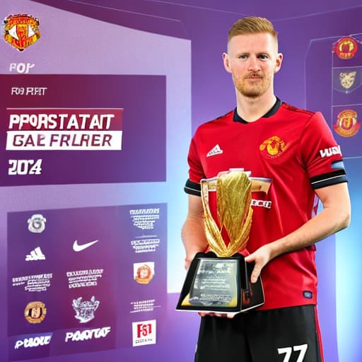 portrait+ style A photo of Haaland in Manchester united shirt holding premier league golden boot award with a banner at the top saying "top scorer"2024 season