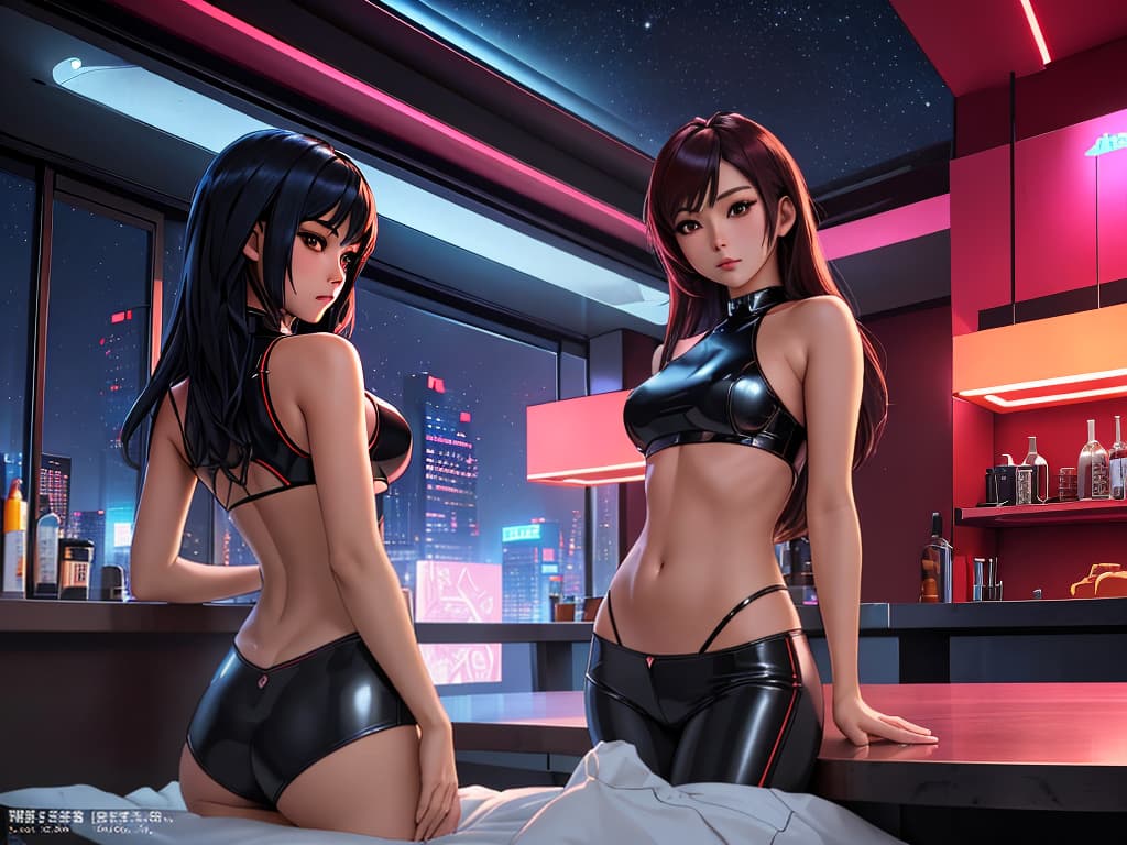  image: masterpiece, high quality, semi realistic anime, (professionally color graded), detailed clothing, highly detailed, cinematic lighting, perfect face, perfect body, 8k, HD, ((one beautiful asian woman)), slim waist, slim build, ((huge firm round s)), normal hips, medium sized round , fit, tanned, long dark neon hair, view: dynamic view, single view , location: sci fi interior love hotel in the city at night, clothing: sci fi lingirie, hot pants, mostly , pose: showing s, arched back