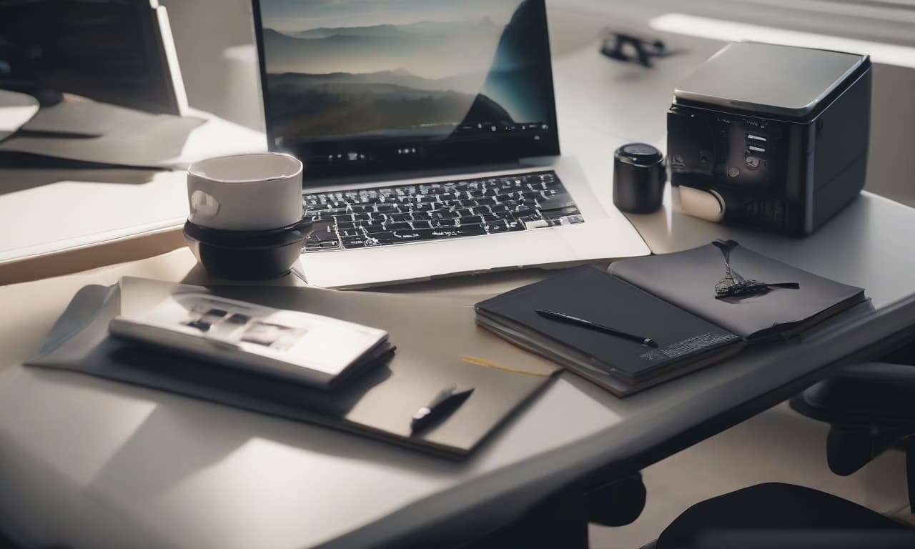  computer on a white office desk with notebooks and pad paper hyperrealistic, full body, detailed clothing, highly detailed, cinematic lighting, stunningly beautiful, intricate, sharp focus, f/1. 8, 85mm, (centered image composition), (professionally color graded), ((bright soft diffused light)), volumetric fog, trending on instagram, trending on tumblr, HDR 4K, 8K