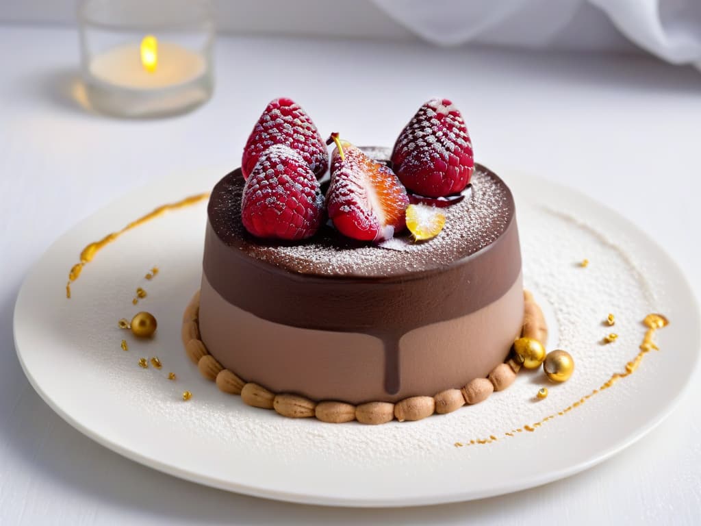  An image of a single, perfectly plated dessert composed of delicate layers of a smooth, glossy chocolate mousse, topped with a single fresh raspberry and a dusting of edible gold flakes. The dessert sits on a stark white plate with a subtle geometric design on one side, set against a soft, neutral background to highlight its elegant simplicity and modern presentation. hyperrealistic, full body, detailed clothing, highly detailed, cinematic lighting, stunningly beautiful, intricate, sharp focus, f/1. 8, 85mm, (centered image composition), (professionally color graded), ((bright soft diffused light)), volumetric fog, trending on instagram, trending on tumblr, HDR 4K, 8K