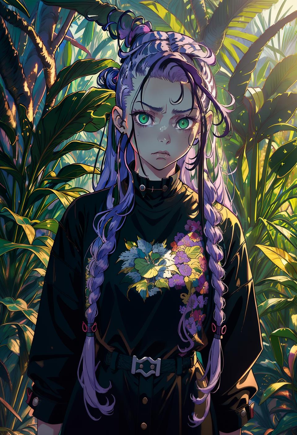  ((trending, highres, masterpiece, cinematic shot)), 1girl, young, female casual wear, jungle scene, very long curly light purple hair, mohawk hairstyle,  green eyes, neurotic personality, sad expression, fair skin, lively, toned