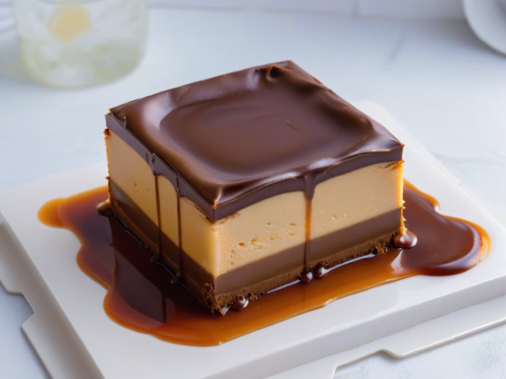  A closeup, ultradetailed image of a freshly baked Caramel Slice resting on a sleek, modern marble countertop. The slice is perfectly layered with a rich, golden caramel filling sandwiched between a buttery biscuit base and a glossy chocolate top. The caramel oozes slightly from the precise cut, showcasing the indulgent texture and sweet allure of the dessert. The light catches the chocolate top, highlighting its smooth finish and creating a luxurious contrast against the cool, elegant marble surface. hyperrealistic, full body, detailed clothing, highly detailed, cinematic lighting, stunningly beautiful, intricate, sharp focus, f/1. 8, 85mm, (centered image composition), (professionally color graded), ((bright soft diffused light)), volumetric fog, trending on instagram, trending on tumblr, HDR 4K, 8K