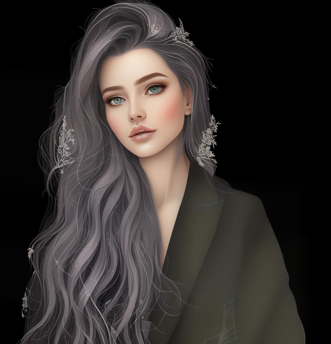 mdjrny-v4 style Create a Fantasy style avatar of a female Elf. Prominent Elf Ears, ears should be pointed, long, sharp, visible behind the hair. The character should have long, flowing silver hair, caught in a bun, adorned with delicate flowers. Her eyes should be almond shaped and bright green. She should wear an elegant, fitted tunic with intricate leaf patterns and embroidery. Her ears should be pointed and prominent, a defining feature of Elves. She should have a graceful and slender build, with pale, smooth skin.