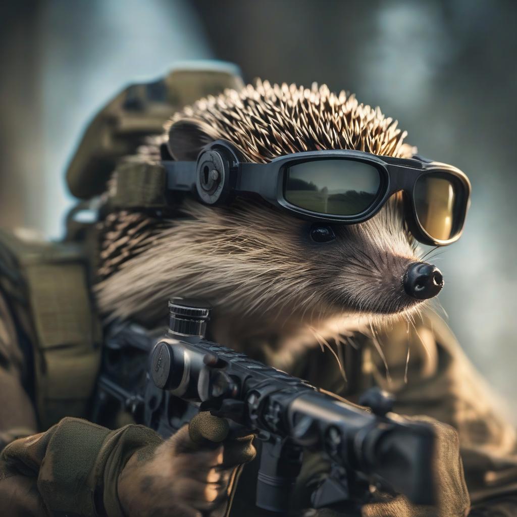  hedgehog in a special forces soldier's outfit looks through the optical sight of a sniper rifle hyperrealistic, full body, detailed clothing, highly detailed, cinematic lighting, stunningly beautiful, intricate, sharp focus, f/1. 8, 85mm, (centered image composition), (professionally color graded), ((bright soft diffused light)), volumetric fog, trending on instagram, trending on tumblr, HDR 4K, 8K