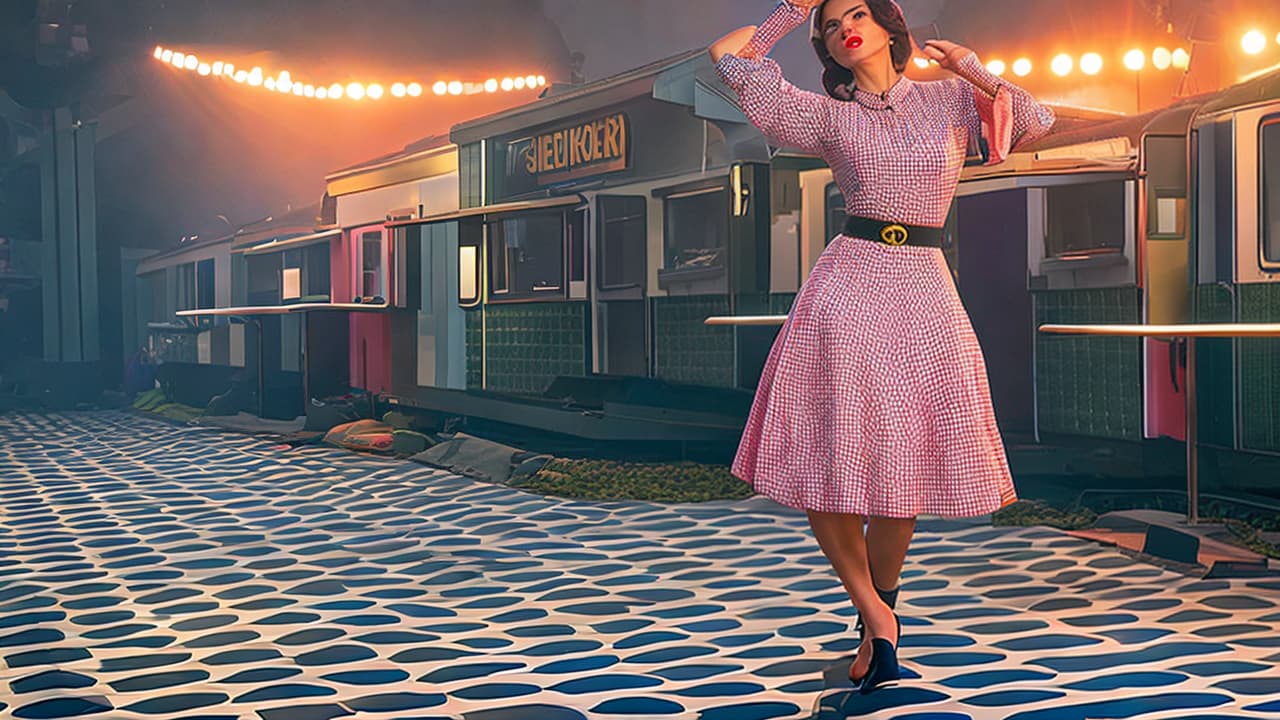  Create an image of a woman wearing a 1950s polka dot midi dress, white cat eye sunglasses, red lipstick, and a vintage handbag. The setting is a retro diner with jukebox and checkerboard floors. hyperrealistic, full body, detailed clothing, highly detailed, cinematic lighting, stunningly beautiful, intricate, sharp focus, f/1. 8, 85mm, (centered image composition), (professionally color graded), ((bright soft diffused light)), volumetric fog, trending on instagram, trending on tumblr, HDR 4K, 8K