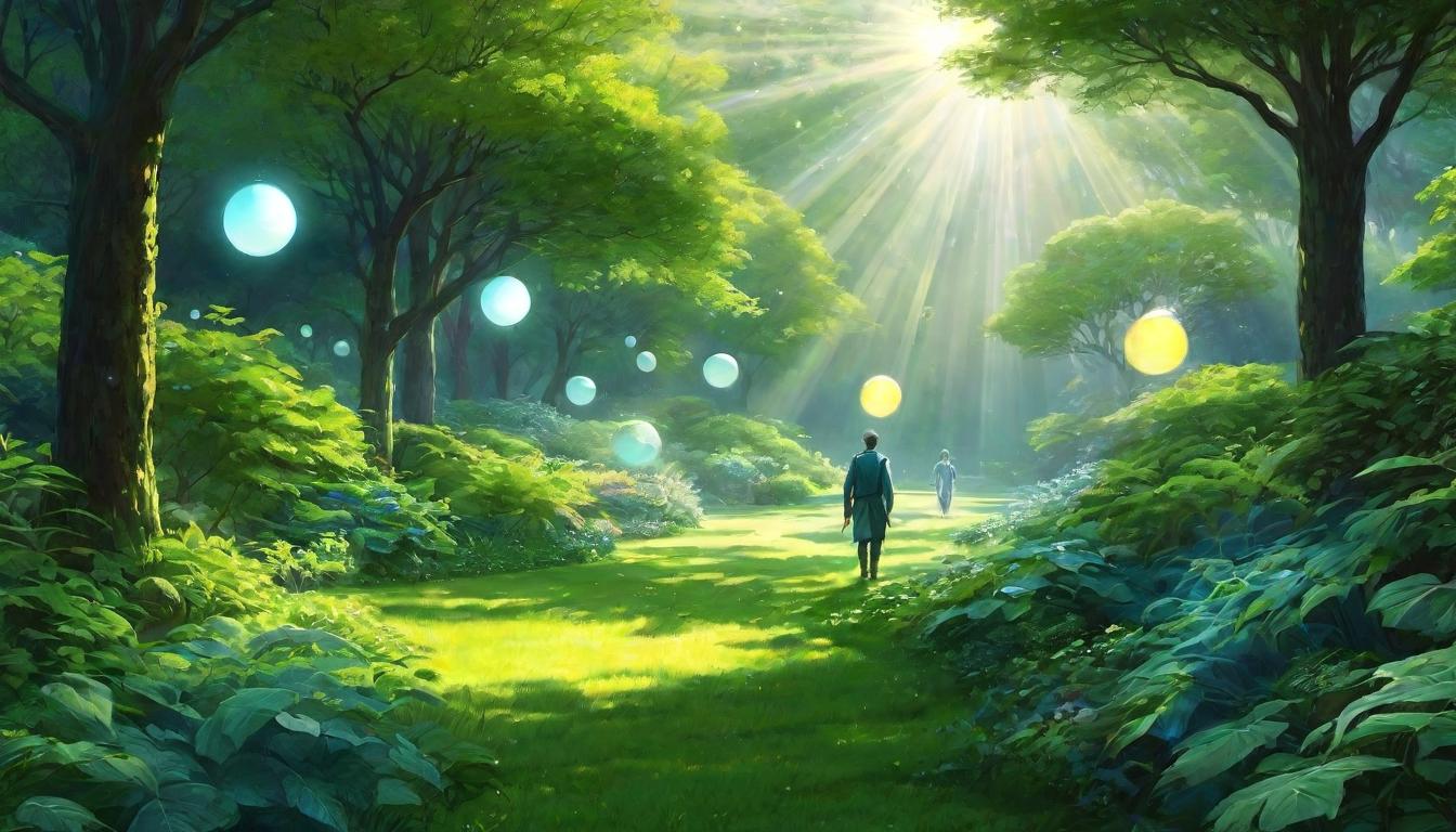  digital illustration, Figures walking in a lush garden, unaware of the glowing orbs of light around them, emanating a soothing aura, mysterious ease, subconscious tranquility, looking at viewer, dynamic pose, (intricate details, masterpiece, best quality)