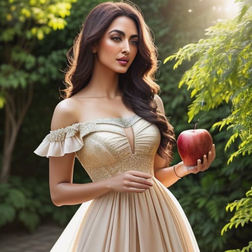  envíar fotoIn the transformed image, a stunning woman with long curls and deep brown eyes gazes enigmatically at the camera while holding a delectable red apple in her hand. Her dress is elegant and flowing, made of rich silk in shades of gold that contrasts beautifully against her tanned skin. The garment's delicate lace frills gracefully cascade down from the shoulders and along the curves of her body. A slight breeze seems to play with her hair, adding soft movement to her presence in this scene. The setting appears as an outdoor garden filled with lush foliage, including roses that frame our heroine elegantly. The sun casts an intimate light on this tender encounter between woman and fruit symbolic of temptation. This masterful piece s hyperrealistic, full body, detailed clothing, highly detailed, cinematic lighting, stunningly beautiful, intricate, sharp focus, f/1. 8, 85mm, (centered image composition), (professionally color graded), ((bright soft diffused light)), volumetric fog, trending on instagram, trending on tumblr, HDR 4K, 8K