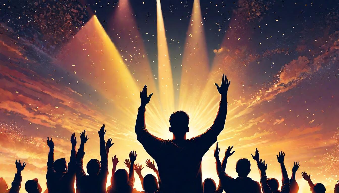  digital illustration, people raising hands towards the sky, diverse group, glowing light above, aspirational, collective alignment, highest aspirations, looking at viewer, dynamic pose, (intricate details, masterpiece, best quality)