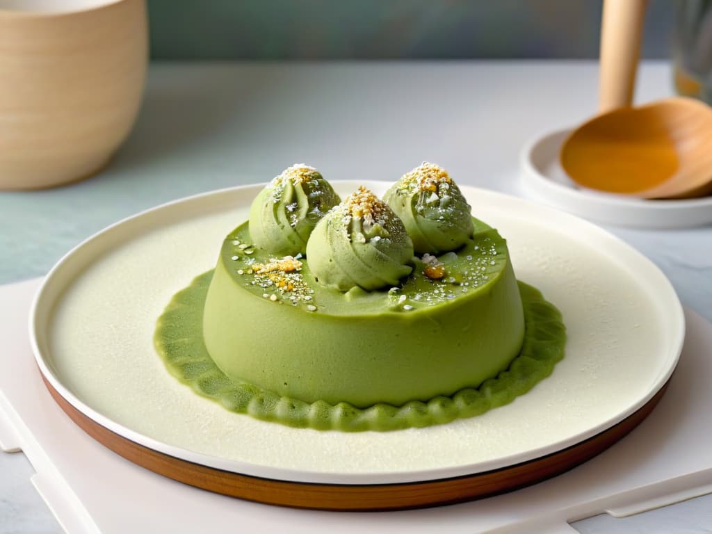  An ultradetailed closeup image of a delicate Japanese mochi ice cream, showcasing the chewy rice cake exterior encasing a scoop of vibrant green matcha ice cream, topped with a sprinkling of toasted sesame seeds. The mochi sits on a sleek, modern ceramic plate against a soft, blurred background, emphasizing the contrasting textures and colors of this traditional ricebased dessert. hyperrealistic, full body, detailed clothing, highly detailed, cinematic lighting, stunningly beautiful, intricate, sharp focus, f/1. 8, 85mm, (centered image composition), (professionally color graded), ((bright soft diffused light)), volumetric fog, trending on instagram, trending on tumblr, HDR 4K, 8K