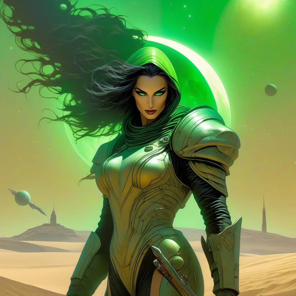  Cover for a Dune style book, with a space background, a planet, a space city in the distance, dry trees, planets, a full grown girl, a space suit, a beautiful slender figure, long black hair, green eyes, holding a sword, a hood, hood, mystery, riddle, space sword hyperrealistic, full body, detailed clothing, highly detailed, cinematic lighting, stunningly beautiful, intricate, sharp focus, f/1. 8, 85mm, (centered image composition), (professionally color graded), ((bright soft diffused light)), volumetric fog, trending on instagram, trending on tumblr, HDR 4K, 8K