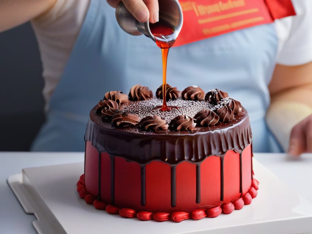  A closeup, ultradetailed image of a glossy chocolate ganache being gently poured over a perfectly smooth and velvety red velvet cake, showcasing the temperaturesensitive nature of the confectionery process. The rich, dark ganache contrasts beautifully with the vibrant red cake, creating a visually striking and mouthwatering scene that emphasizes the precise balance of temperature required for successful dessert creation. hyperrealistic, full body, detailed clothing, highly detailed, cinematic lighting, stunningly beautiful, intricate, sharp focus, f/1. 8, 85mm, (centered image composition), (professionally color graded), ((bright soft diffused light)), volumetric fog, trending on instagram, trending on tumblr, HDR 4K, 8K