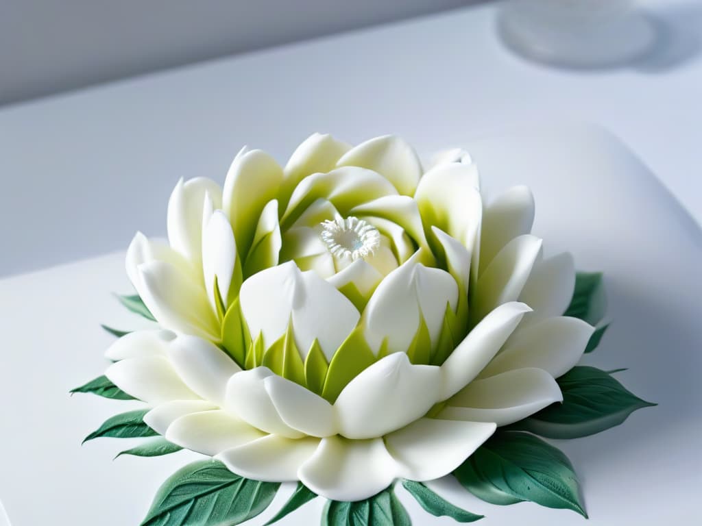  A closeup, ultradetailed image of a delicate and intricate 3Dprinted sugar flower, showcasing the innovative use of 3D printing technology in pastry decoration. The flower features intricate petal details and a lifelike appearance, highlighting the precision and artistic possibilities of using advanced materials in pastry design. The subtle play of light and shadows on the textured surface adds depth and elegance to the minimalistic composition, making it a visually captivating representation of innovative 3D printing in the world of pastry arts. hyperrealistic, full body, detailed clothing, highly detailed, cinematic lighting, stunningly beautiful, intricate, sharp focus, f/1. 8, 85mm, (centered image composition), (professionally color graded), ((bright soft diffused light)), volumetric fog, trending on instagram, trending on tumblr, HDR 4K, 8K