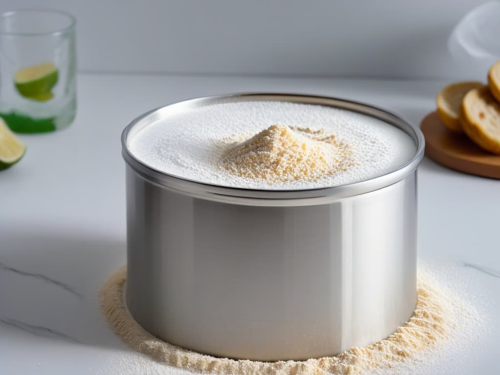  A closeup, ultradetailed image of a sleek, modern stainless steel sifter filled with fine flour, with a soft, diffused light casting delicate shadows on the kitchen counter beneath. The flour, suspended midair, gracefully cascades through the fine mesh sieve, capturing the essence of precision and perfection in baking. hyperrealistic, full body, detailed clothing, highly detailed, cinematic lighting, stunningly beautiful, intricate, sharp focus, f/1. 8, 85mm, (centered image composition), (professionally color graded), ((bright soft diffused light)), volumetric fog, trending on instagram, trending on tumblr, HDR 4K, 8K