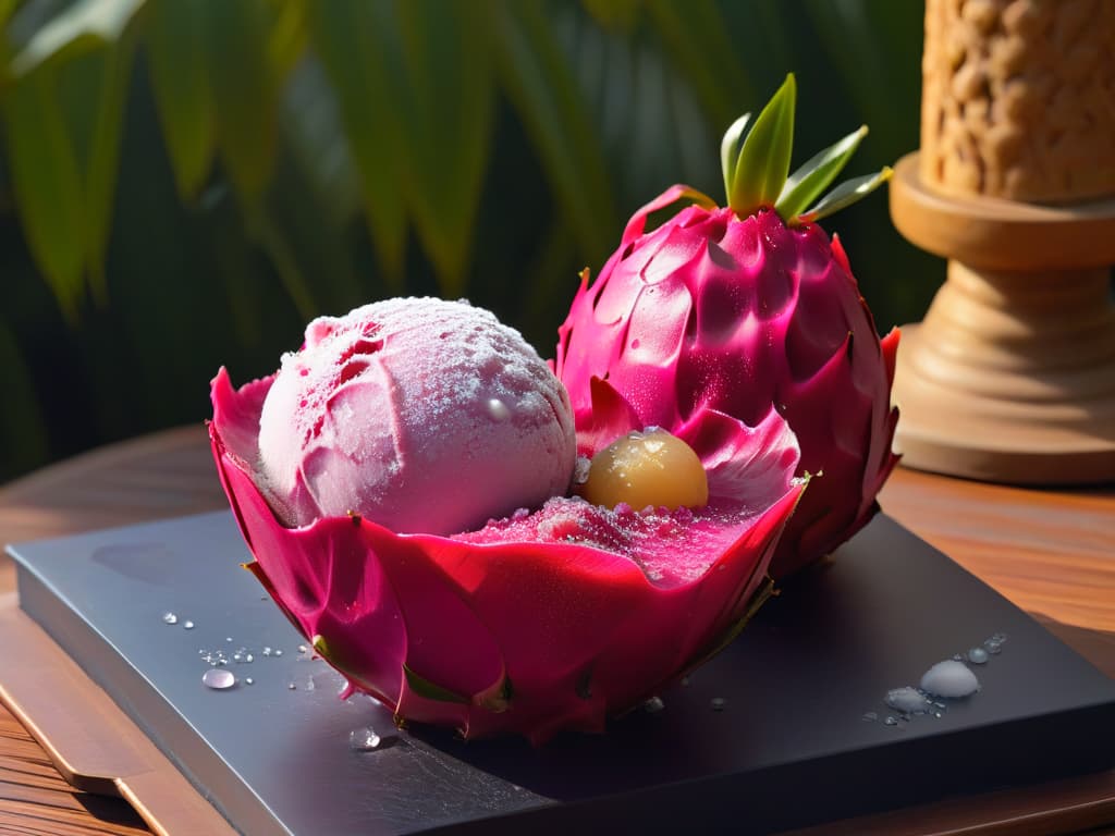  A closeup of a vibrant scoop of dragon fruit and lychee sorbet melting slightly under the summer sun, with small droplets of condensation glistening on its surface, emphasizing the refreshing and innovative flavors that embody the essence of a modern twist on traditional ice cream. The background showcases a lush garden setting with dappled sunlight filtering through the leaves, creating a serene and enticing atmosphere that beckons the reader to indulge in the unique and exotic flavors of the season. hyperrealistic, full body, detailed clothing, highly detailed, cinematic lighting, stunningly beautiful, intricate, sharp focus, f/1. 8, 85mm, (centered image composition), (professionally color graded), ((bright soft diffused light)), volumetric fog, trending on instagram, trending on tumblr, HDR 4K, 8K