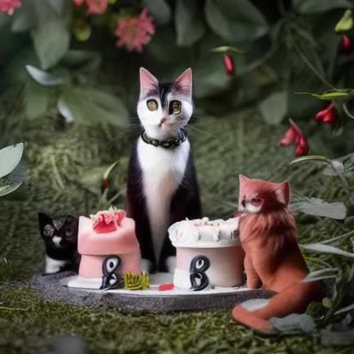  black kitty, white kitty, red kitty, and grey kitty with a birthday cake hyperrealistic, full body, detailed clothing, highly detailed, cinematic lighting, stunningly beautiful, intricate, sharp focus, f/1. 8, 85mm, (centered image composition), (professionally color graded), ((bright soft diffused light)), volumetric fog, trending on instagram, trending on tumblr, HDR 4K, 8K