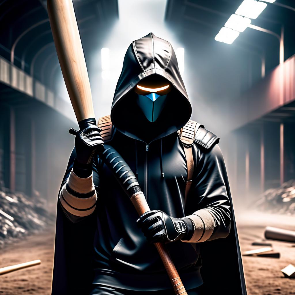  minimalist style Secret identity in a hood. Baseball wooden bat on shoulder. Bandage on one eye. Futuristic mask covering mouth and nose. Post apocalyptic. . simple, clean, uncluttered, modern, elegant hyperrealistic, full body, detailed clothing, highly detailed, cinematic lighting, stunningly beautiful, intricate, sharp focus, f/1. 8, 85mm, (centered image composition), (professionally color graded), ((bright soft diffused light)), volumetric fog, trending on instagram, trending on tumblr, HDR 4K, 8K