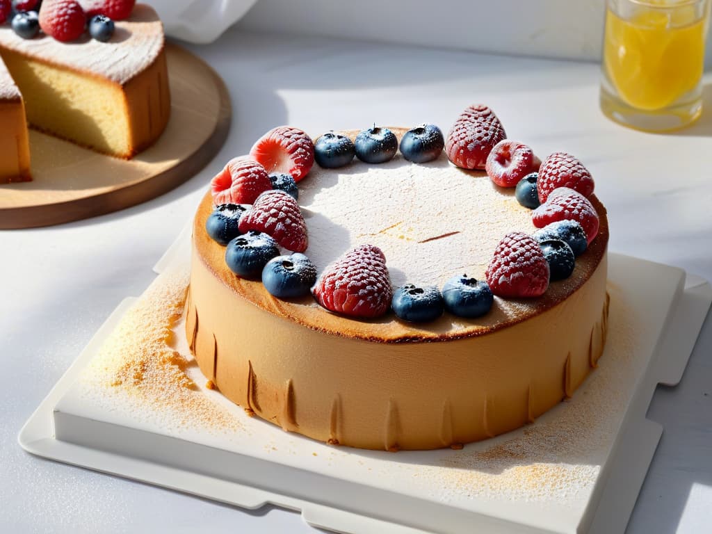  An ultradetailed image of a perfectly baked, fluffy and light sponge cake resting on a pristine white marble countertop. The cake is goldenbrown, with a delicate dusting of powdered sugar on top, and surrounded by fresh berries like raspberries and blueberries. Sunlight streams in from a nearby window, casting a soft, warm glow on the cake and highlighting its moist, airy crumb. The minimalist composition focuses on the beauty and simplicity of this delectable lowcalorie treat, inviting the viewer to indulge guiltfree. hyperrealistic, full body, detailed clothing, highly detailed, cinematic lighting, stunningly beautiful, intricate, sharp focus, f/1. 8, 85mm, (centered image composition), (professionally color graded), ((bright soft diffused light)), volumetric fog, trending on instagram, trending on tumblr, HDR 4K, 8K