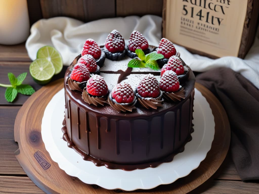  A closeup, photorealistic image of a decadent glutenfree chocolate cake with glossy ganache frosting, adorned with fresh raspberries and mint leaves. The cake is displayed on a rustic wooden table, capturing the rich textures and intricate details of the dessert, showcasing a perfect balance of flavors and visual appeal. hyperrealistic, full body, detailed clothing, highly detailed, cinematic lighting, stunningly beautiful, intricate, sharp focus, f/1. 8, 85mm, (centered image composition), (professionally color graded), ((bright soft diffused light)), volumetric fog, trending on instagram, trending on tumblr, HDR 4K, 8K