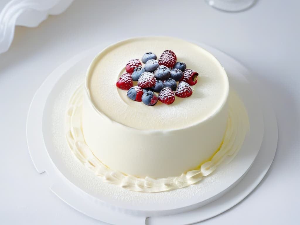  A minimalistic image of a beautifully crafted Scandinavian dessert on a modern, sleek plate. The dessert is elegantly decorated with delicate swirls of creamy frosting, topped with fresh berries and edible flowers, all set against a clean, white backdrop. The lighting is soft, casting a gentle glow on the dessert to highlight its intricate details and exquisite presentation. hyperrealistic, full body, detailed clothing, highly detailed, cinematic lighting, stunningly beautiful, intricate, sharp focus, f/1. 8, 85mm, (centered image composition), (professionally color graded), ((bright soft diffused light)), volumetric fog, trending on instagram, trending on tumblr, HDR 4K, 8K