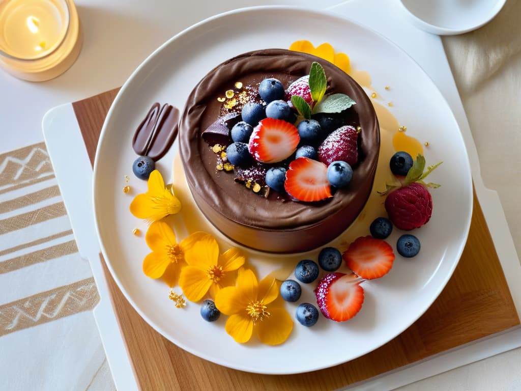  An ultradetailed image of a beautifully plated Africaninspired homemade dessert, featuring a rich chocolate mousse garnished with delicate gold flakes, surrounded by vibrant fresh berries and edible flowers on a sleek, white minimalistic plate. The dessert is set against a backdrop of subtle African textile patterns, adding a touch of cultural authenticity to the scene. The lighting is soft, casting gentle shadows that enhance the textures and colors of the dessert, creating a visually captivating and appetizing composition. hyperrealistic, full body, detailed clothing, highly detailed, cinematic lighting, stunningly beautiful, intricate, sharp focus, f/1. 8, 85mm, (centered image composition), (professionally color graded), ((bright soft diffused light)), volumetric fog, trending on instagram, trending on tumblr, HDR 4K, 8K