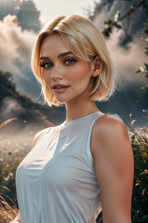  1girl,1girl,blonde short hair,straight hair,upper body shot,shirt,smile hyperrealistic, full body, detailed clothing, highly detailed, cinematic lighting, stunningly beautiful, intricate, sharp focus, f/1. 8, 85mm, (centered image composition), (professionally color graded), ((bright soft diffused light)), volumetric fog, trending on instagram, trending on tumblr, HDR 4K, 8K