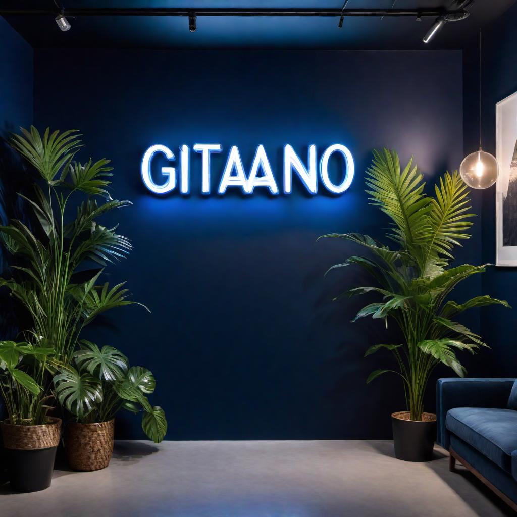  A navy blue wall with the word 'Gitano' written in white neon light. The design is sleek and modern, showcasing the neon lettering prominently against the dark background, with no additional elements like jungles or flowers to keep the focus on the neon sign. hyperrealistic, full body, detailed clothing, highly detailed, cinematic lighting, stunningly beautiful, intricate, sharp focus, f/1. 8, 85mm, (centered image composition), (professionally color graded), ((bright soft diffused light)), volumetric fog, trending on instagram, trending on tumblr, HDR 4K, 8K