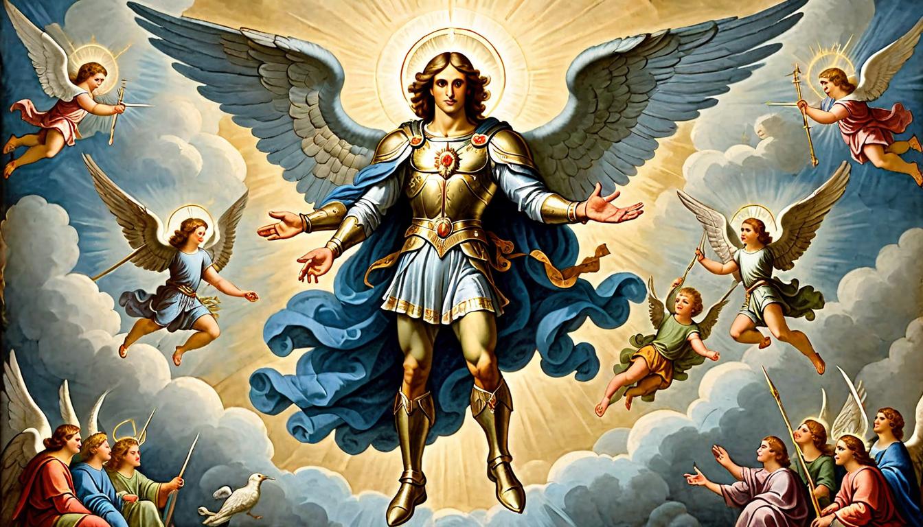  on parchment, surrealism+++, Archangel Michael, chief of heavenly hosts, surrounded by angelic beings, depicted in an iconic pose, bright halo, exquisite detail, an emblem of divine authority(mysterious, provocative, symbolic,muted color)+++