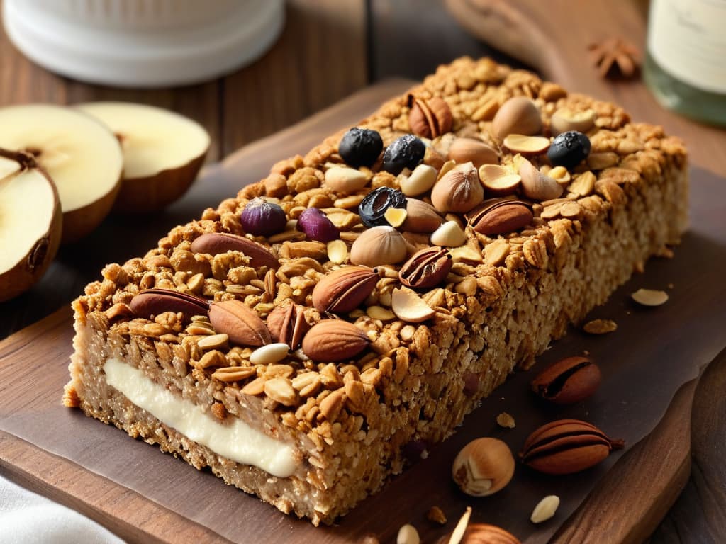  A closeup, ultradetailed image of a homemade granola bar sprinkled with autumnal spices like cinnamon, nutmeg, and cloves, resting on a rustic wooden surface under soft, natural lighting. The granola bar is perfectly textured, showcasing visible chunks of nuts, seeds, and dried fruits, with a goldenbrown hue that alludes to a delicious crunch. The background is blurred to emphasize the bar's intricate details, inviting viewers to savor the warm, comforting flavors of fall in a simple yet elegant presentation. hyperrealistic, full body, detailed clothing, highly detailed, cinematic lighting, stunningly beautiful, intricate, sharp focus, f/1. 8, 85mm, (centered image composition), (professionally color graded), ((bright soft diffused light)), volumetric fog, trending on instagram, trending on tumblr, HDR 4K, 8K