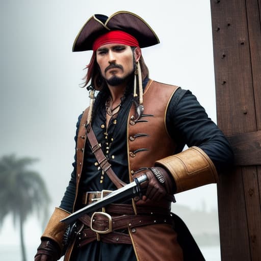  pirate with blade and guns hyperrealistic, full body, detailed clothing, highly detailed, cinematic lighting, stunningly beautiful, intricate, sharp focus, f/1. 8, 85mm, (centered image composition), (professionally color graded), ((bright soft diffused light)), volumetric fog, trending on instagram, trending on tumblr, HDR 4K, 8K