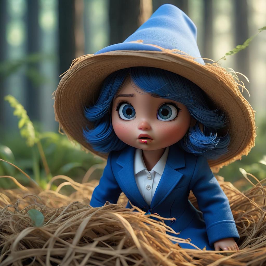  professional 3d model frightened, cute hay doll in a blue suit, in a blue conical hat. . octane render, highly detailed, volumetric, dramatic lighting hyperrealistic, full body, detailed clothing, highly detailed, cinematic lighting, stunningly beautiful, intricate, sharp focus, f/1. 8, 85mm, (centered image composition), (professionally color graded), ((bright soft diffused light)), volumetric fog, trending on instagram, trending on tumblr, HDR 4K, 8K